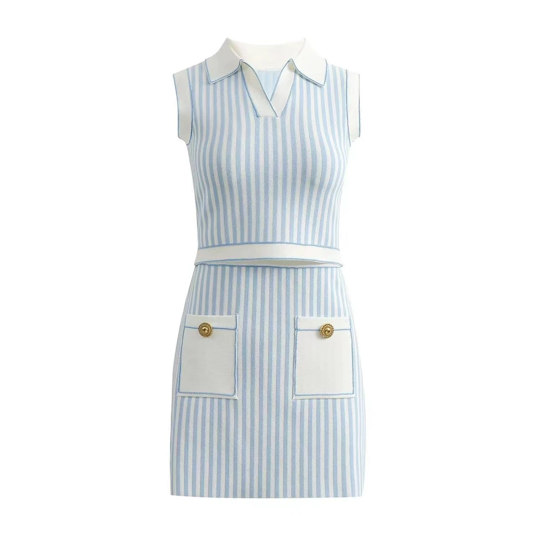 新款学院风时尚减龄女夏季蓝白条纹针织无袖背心+半身裙套装