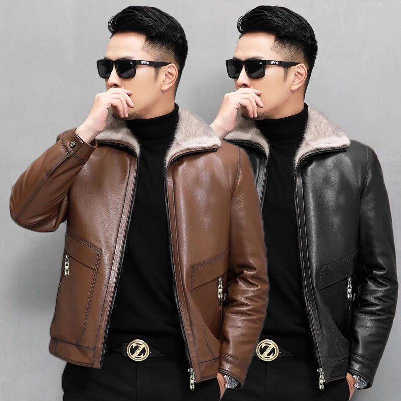 037-男士翻领加厚加绒商务休闲外套保暖皮衣秋冬季