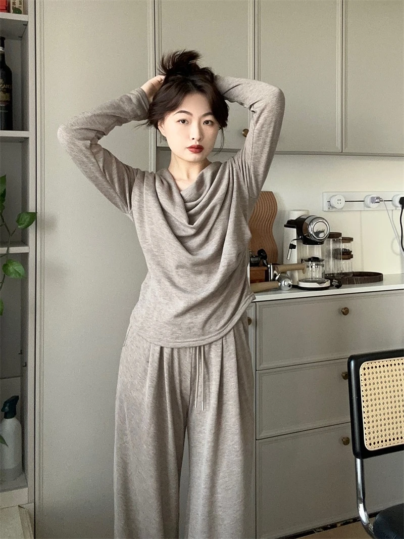 Something叁熏 两件套针织气质斜肩上衣+显瘦直筒抽绳休闲裤357