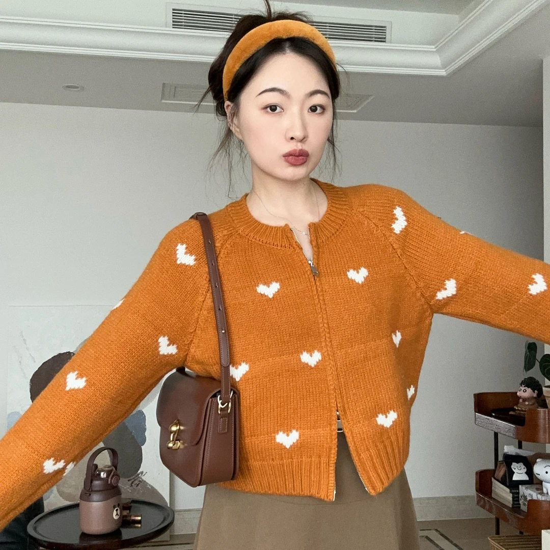 Something叁熏  圆领双拉链保暖小香风短款橘色毛衣