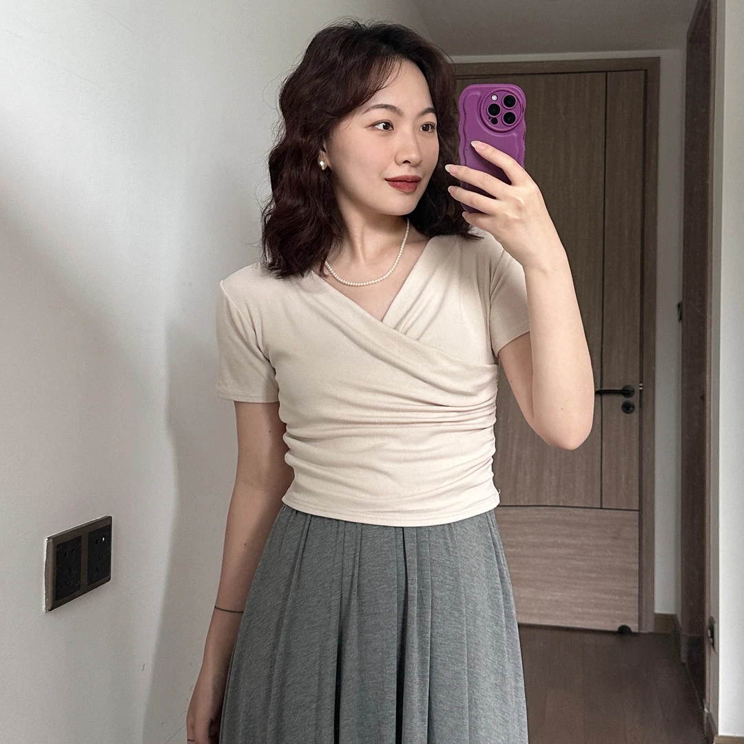 Something 叁熏  夏季新款露肩交叉打底衫短袖T恤