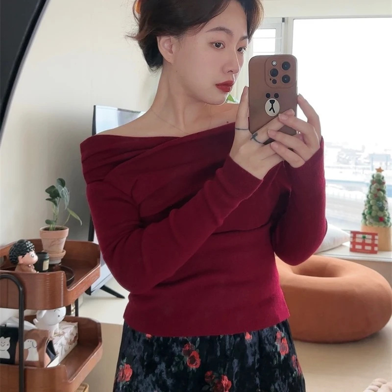 Something叁熏  高级设计感显瘦小衫一字肩针织衫85