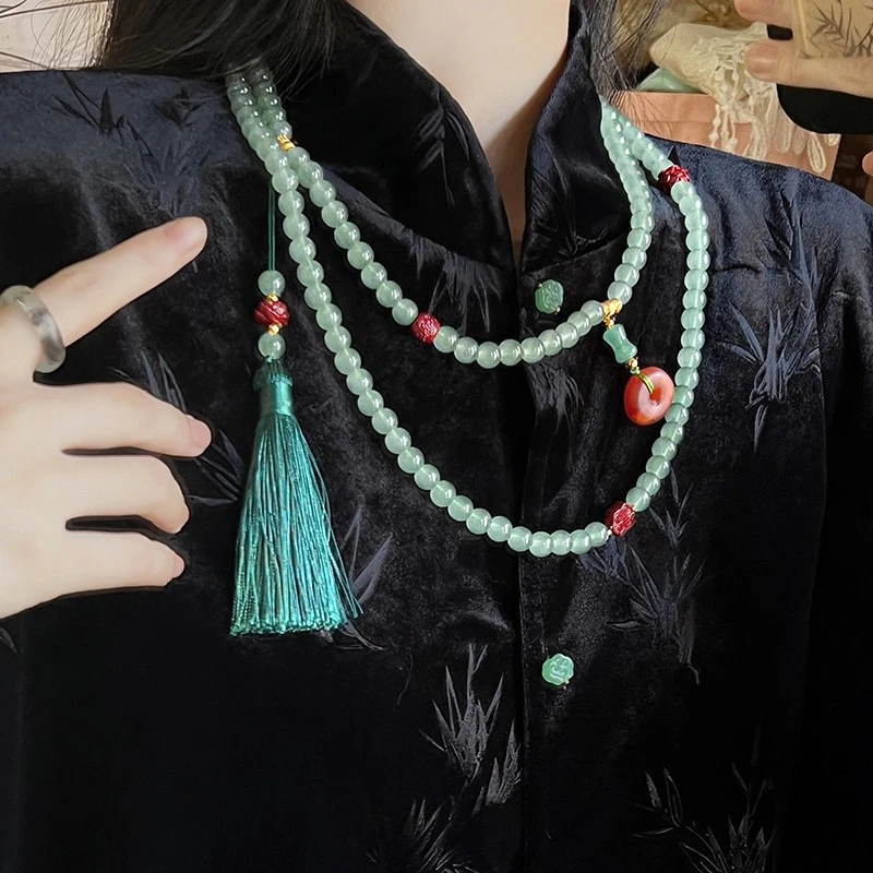 国风108颗绿色串珠流苏项链新中式长款斜挎链毛衣链古风旗袍配饰