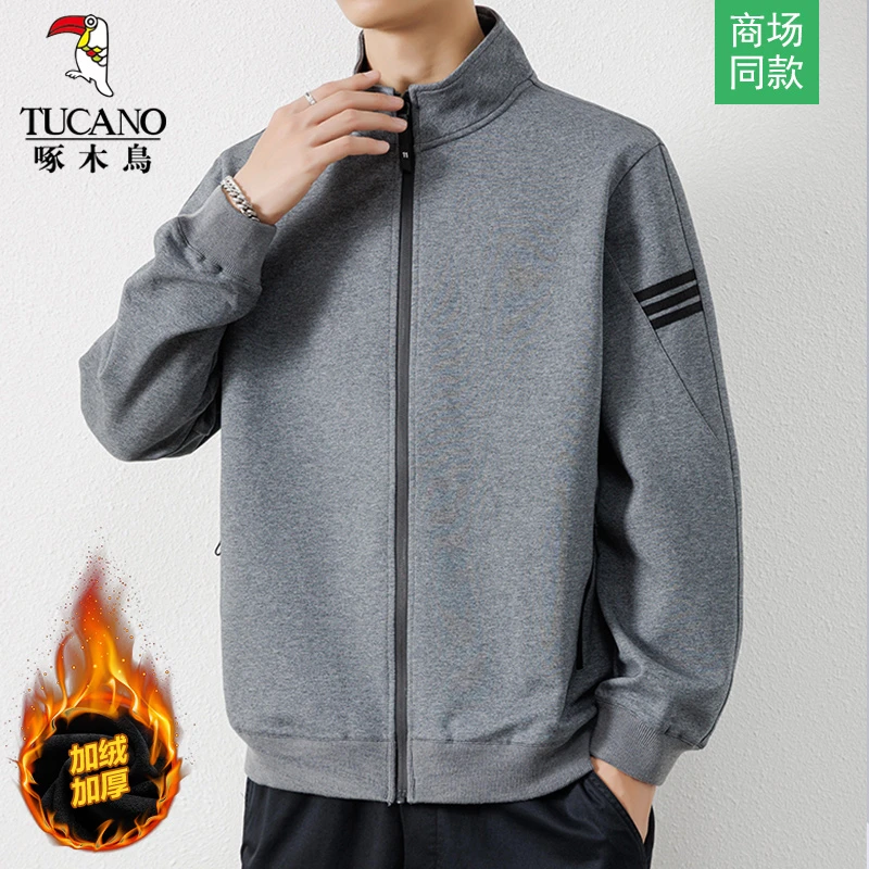 啄木鸟加绒加厚保暖立领夹克男士外套冬季中年爸爸款开衫休闲上衣