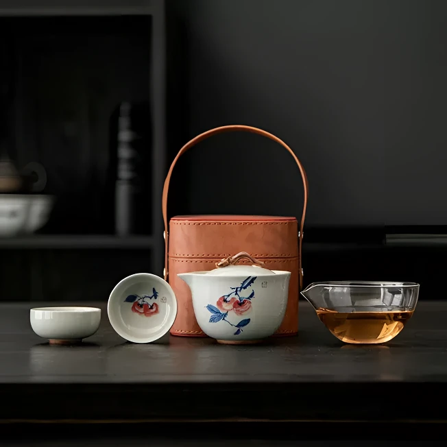 草木灰手绘柿子2杯皮包套装c