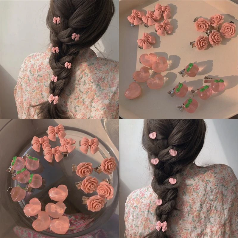 粉色软妹可爱水蜜桃发夹发卡甜美风山茶花刘海边夹蝴蝶结头饰发饰