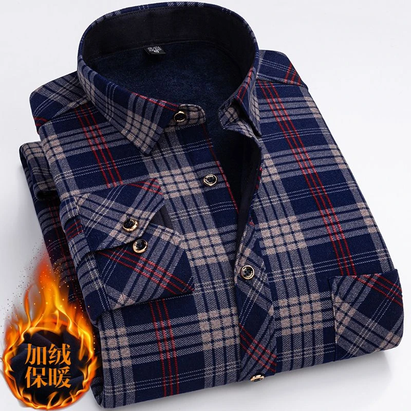 【加厚不起球】冬季男士加厚保暖衬衫中老年长加绒格子衬衣