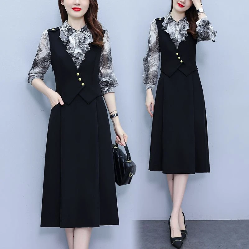 时尚假两件长袖连衣裙女2024秋季新款洋气显瘦气质裙子