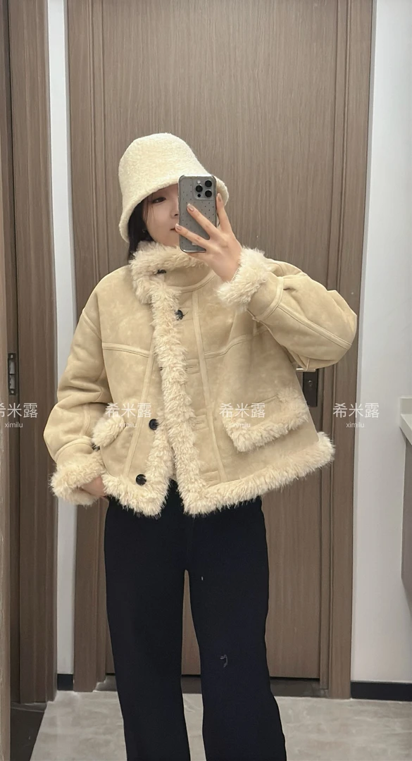 9421皮毛一体外套女2024 冬装新款百搭时尚休闲小个子短款上衣