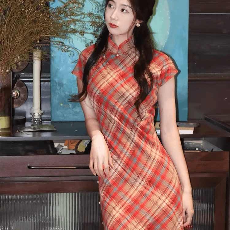 GK325古法旗袍格子日常夏年轻新中式少女民国复古文艺显瘦连衣裙