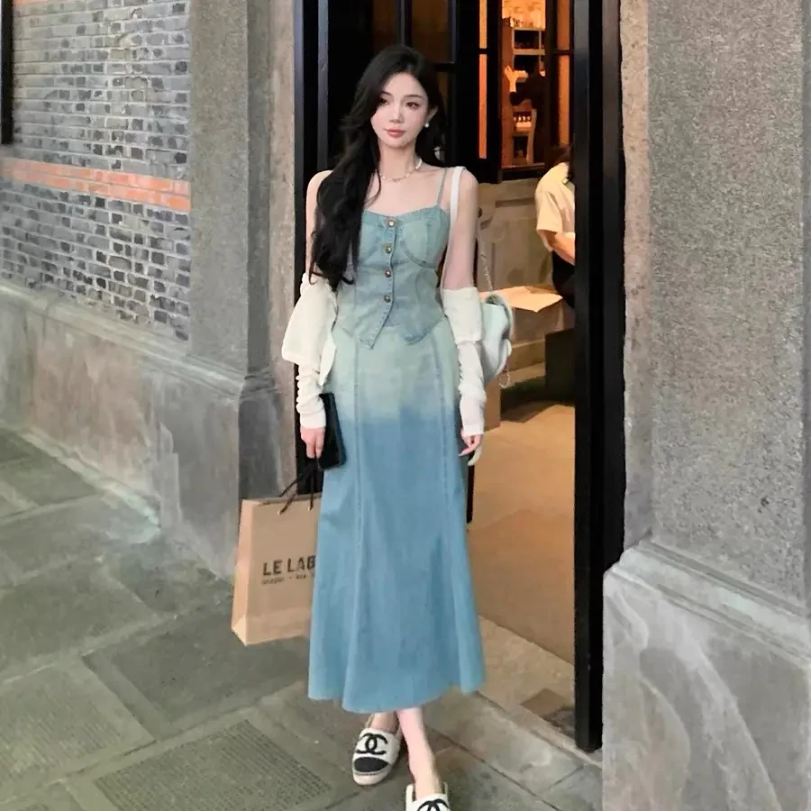 9300夏季复古水洗渐变牛仔套装半身裙时尚套装