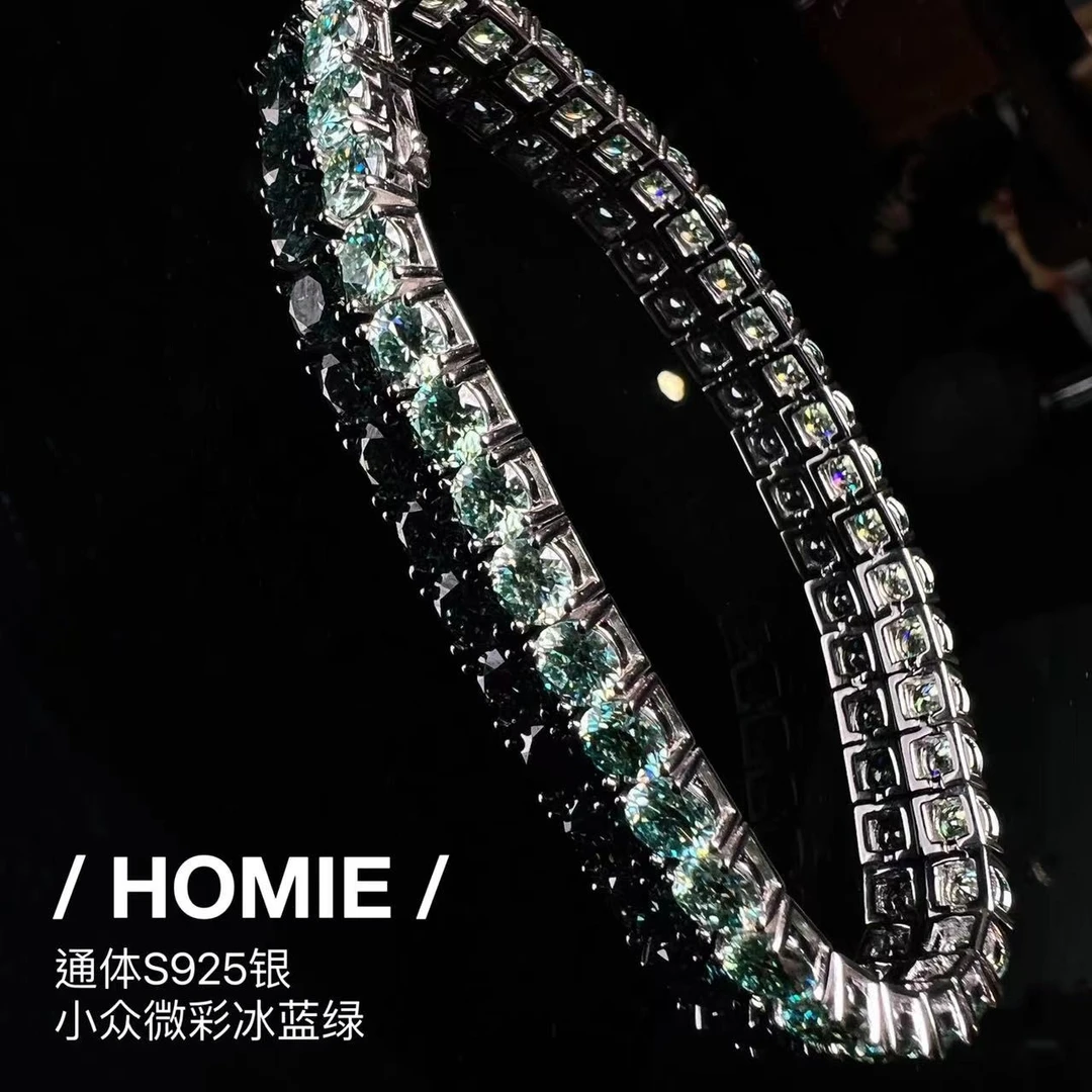 925银莫桑石手链 HOMIE 冰蓝绿原色莫桑小众网球手链高奢嘻哈个性