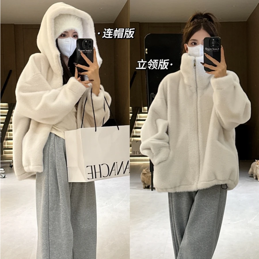 2024爆款冬季年轻款气质短款立领时尚加厚环保小香风毛毛绒外套女