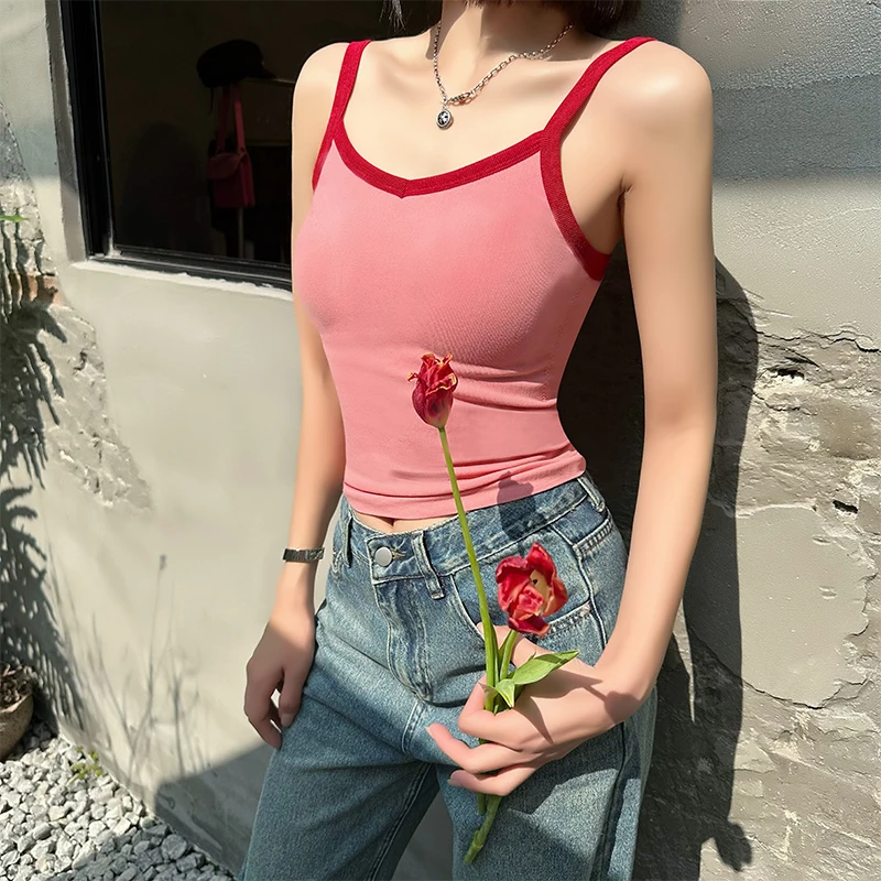 桔内女士打底背心纯色冰丝紧身吊带健身外穿美背自带胸垫速干透气