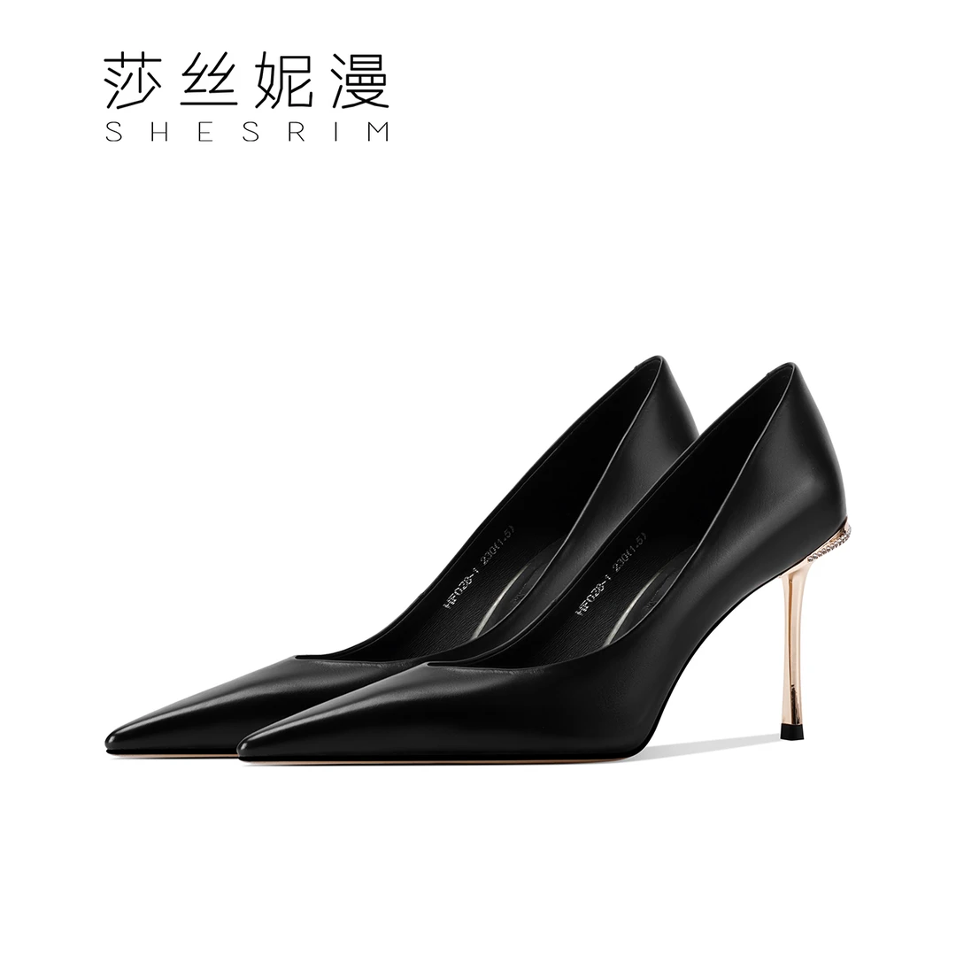 女款2024春季新款真皮高跟鞋尖头时尚细高跟8cm黑色性感女单鞋