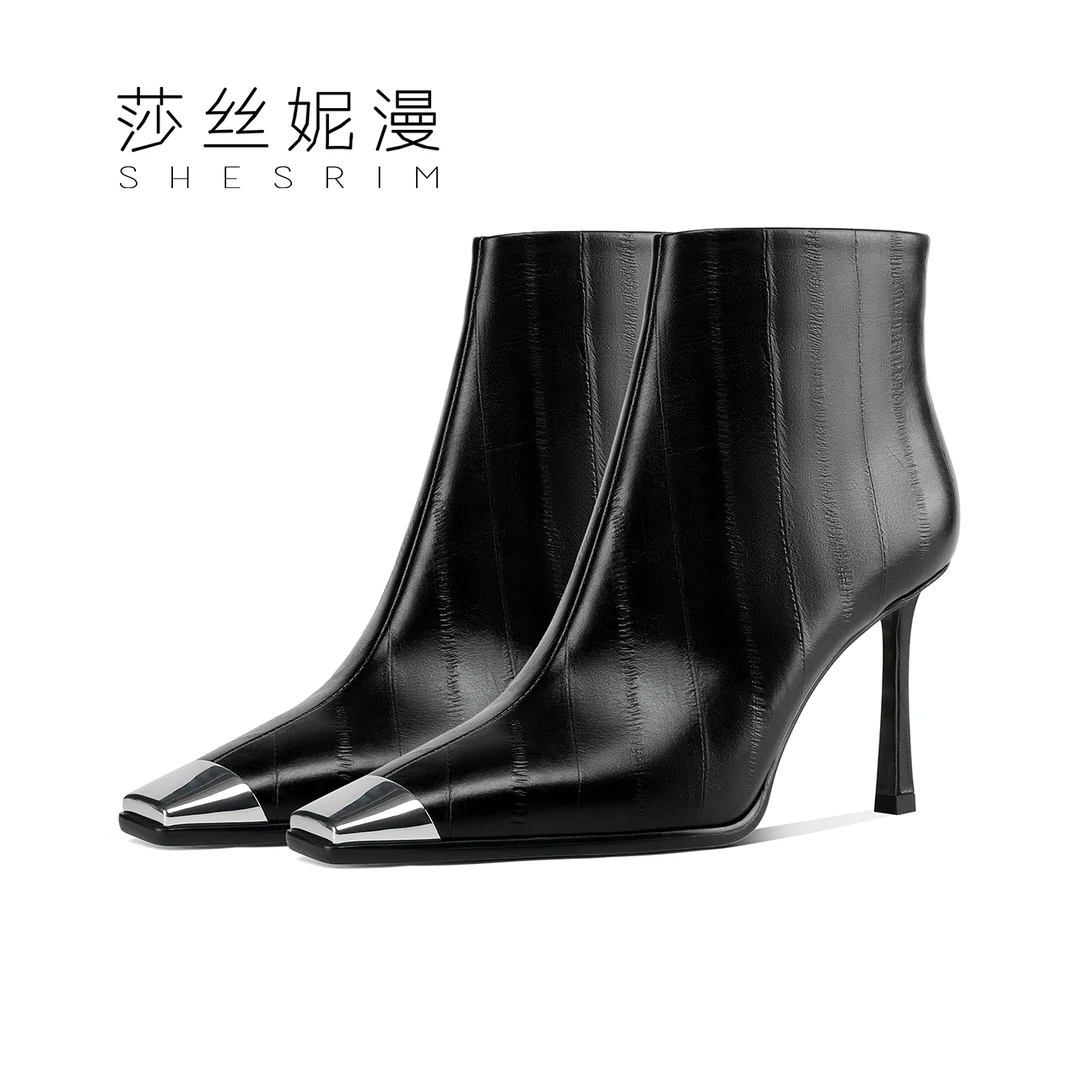 真皮尖头短靴女2024秋冬新款细跟靴百搭靴子时尚裸靴女鞋子气质鞋