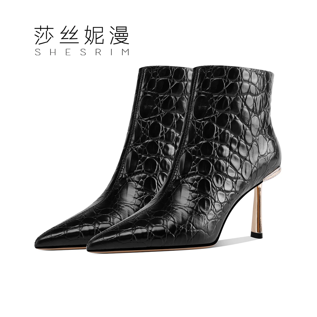 细跟短靴女2024秋冬新款真皮尖头时装靴时尚高跟鞋百搭气质女靴子