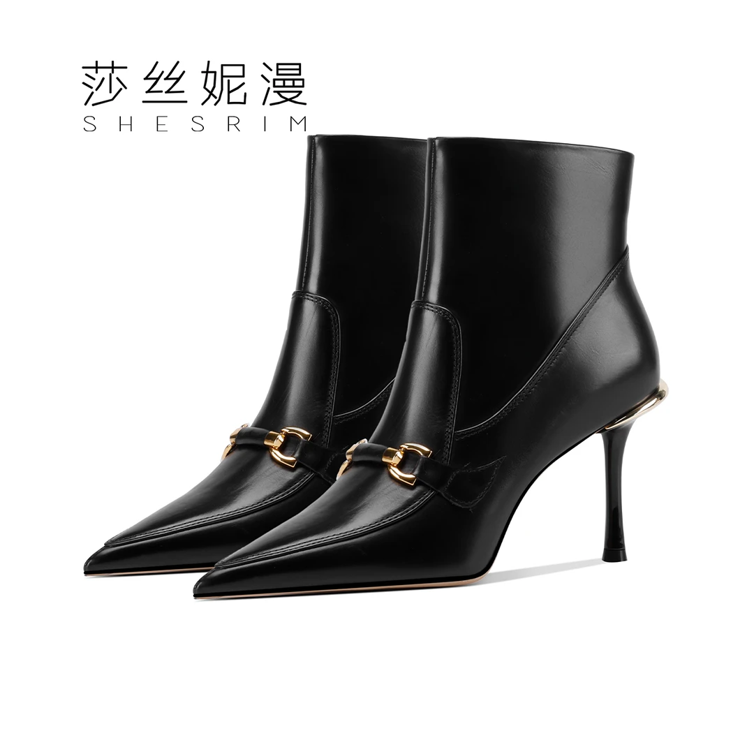 Q80-高跟法式小短靴女秋冬百搭软真皮细跟高跟鞋真皮气质软皮尖头