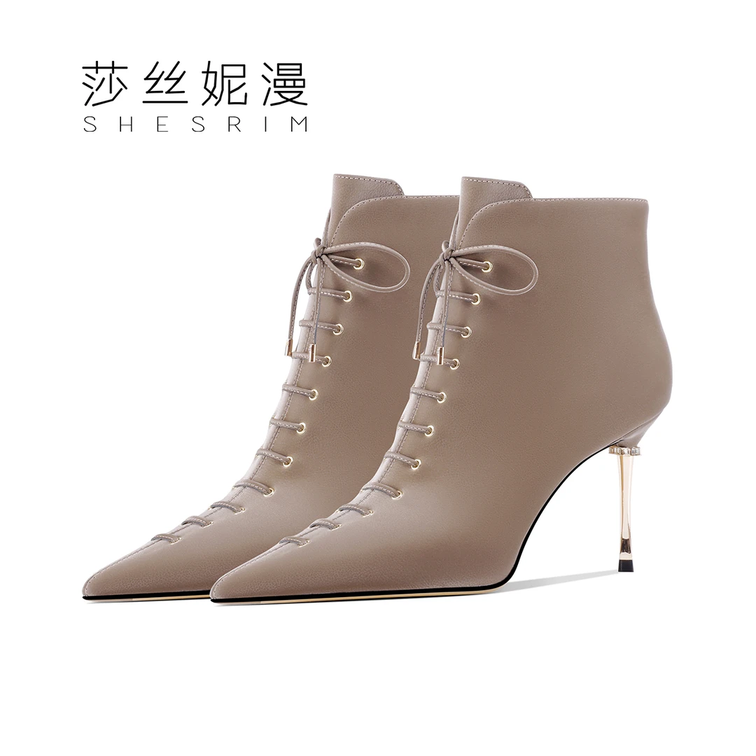 Q111-秋冬新款牛皮尖头细跟短靴棕色短靴高跟时装靴短筒性感女靴