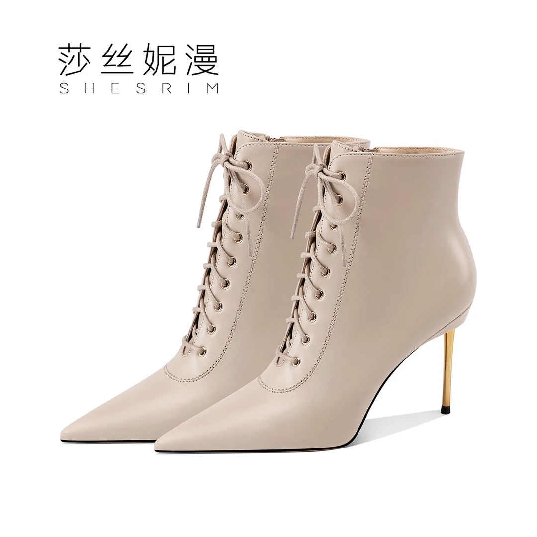 系带短靴女2024秋冬季新款真皮尖头高跟靴子通勤风时尚女靴时装靴