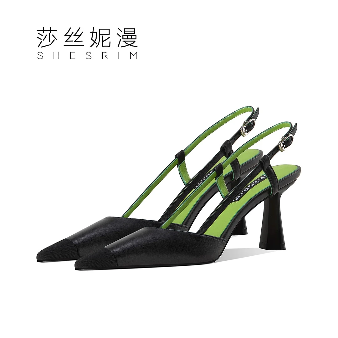 一字带凉鞋女夏季新款真皮百搭尖头高跟鞋女细跟后空包头女鞋