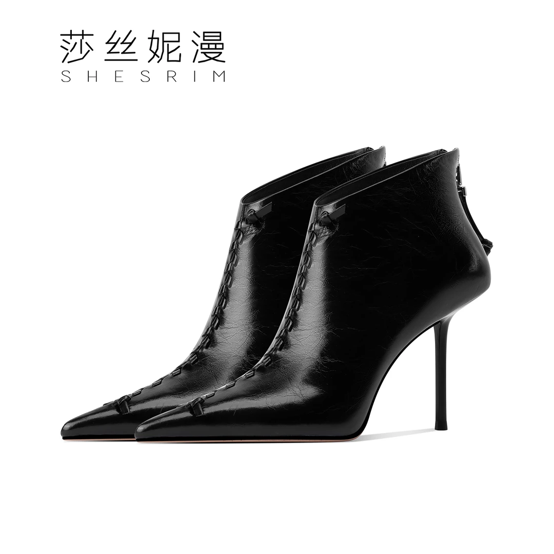 【挪威魅影】设计感小众短靴女2024秋冬新款尖头细高跟时装靴女靴子