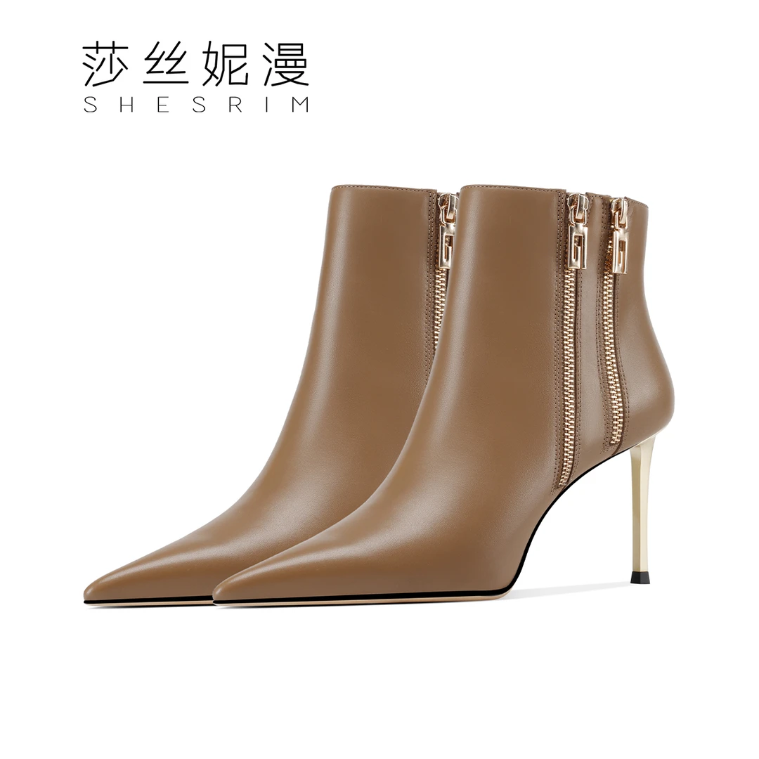 B17-短靴女绒里气质百搭时尚时装靴短筒细高跟真皮女鞋尖头冬季
