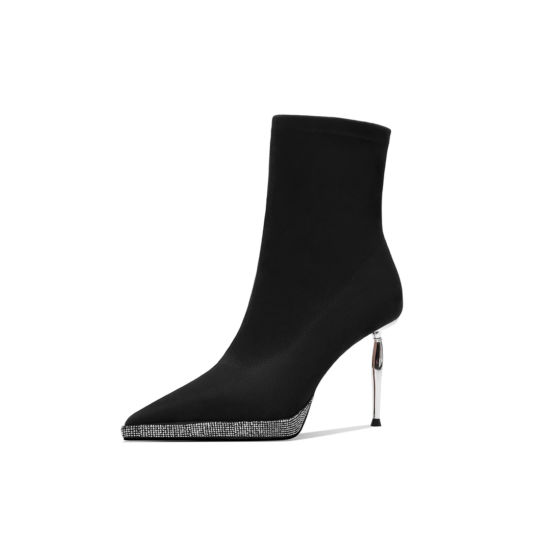 弹力小短靴尖头细高跟女士靴子秋冬新款带钻真皮金属跟