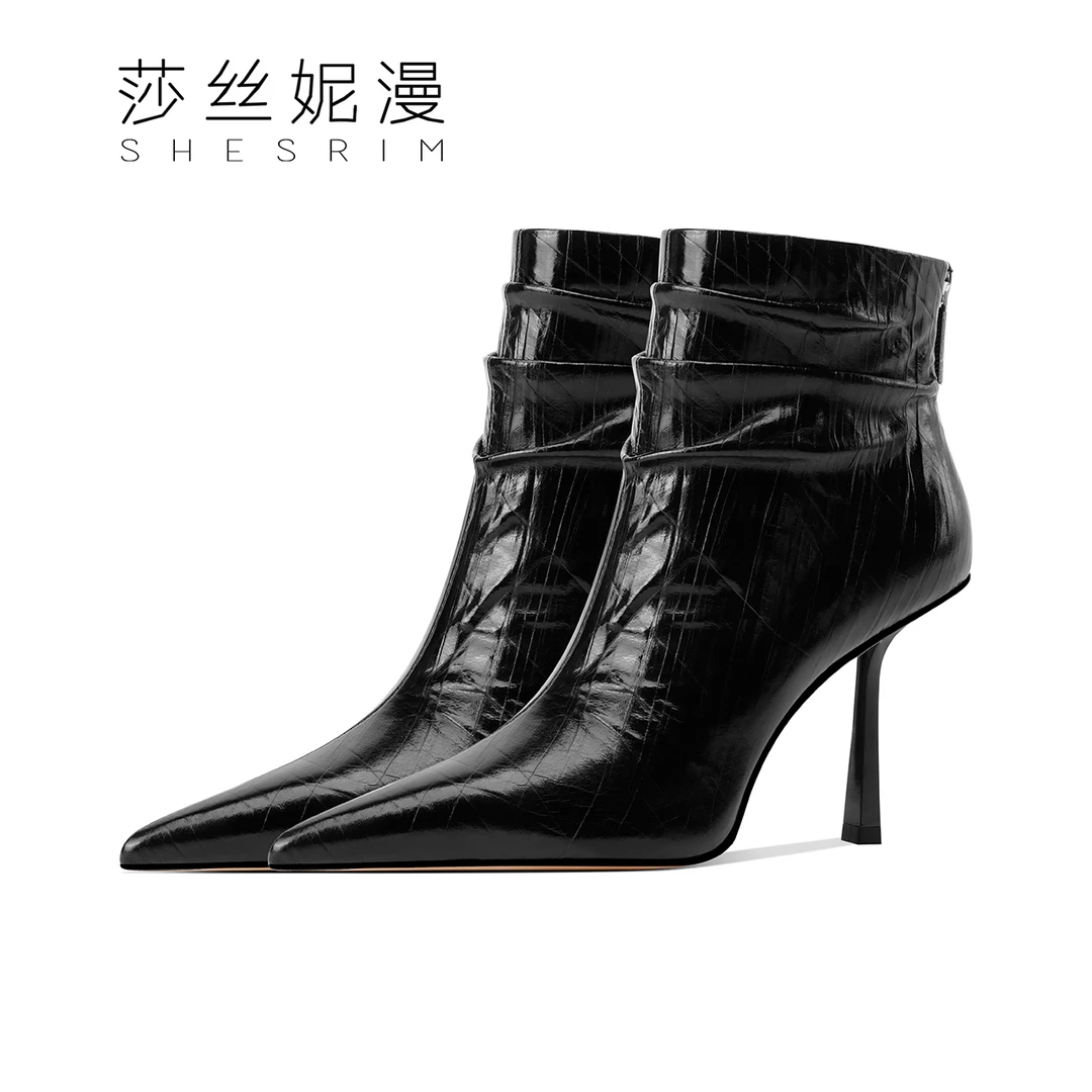 2024秋冬新款短靴经典褶皱纹短靴尖头细高跟女短筒靴子