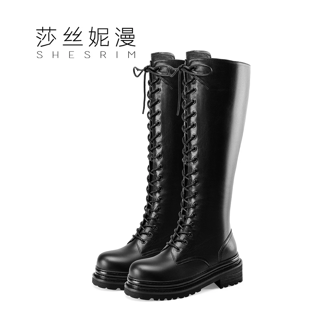 系带马丁靴2023新款秋冬季时尚皮带扣女靴百搭平跟厚底高筒靴女