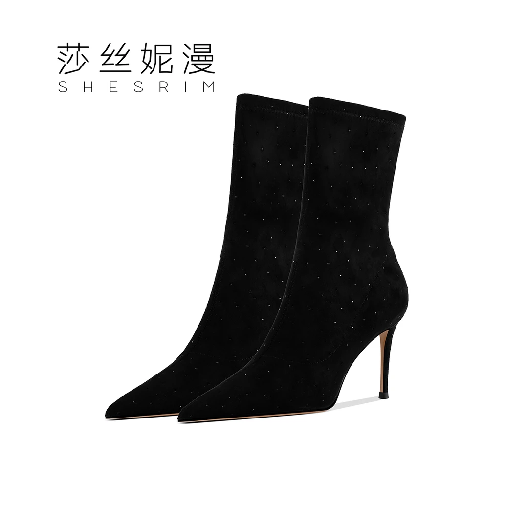 Q147细跟中长靴女2023秋冬新款时尚欧美满钻弹力靴气质小众女靴子