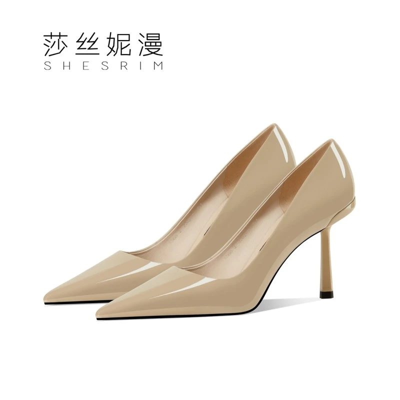 2024春季新款真皮女鞋时尚高跟鞋尖头漆皮单鞋简约通勤浅口鞋细跟
