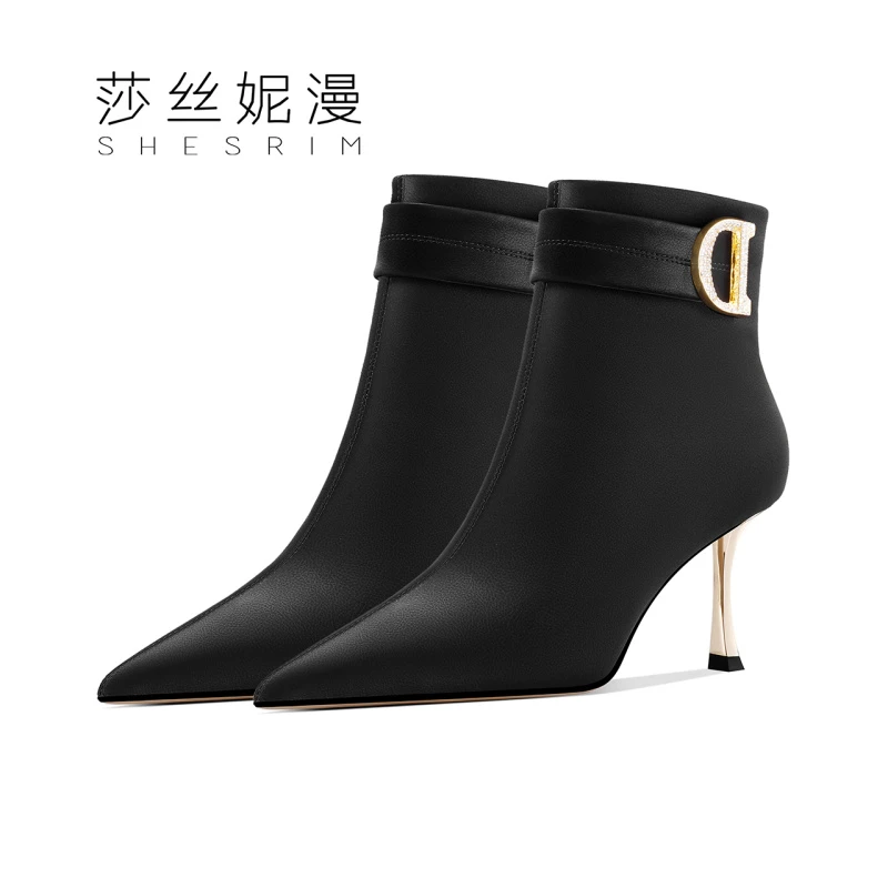 Q102尖头短靴女2023秋冬新款细跟靴百搭靴子时尚简约女鞋子气质鞋