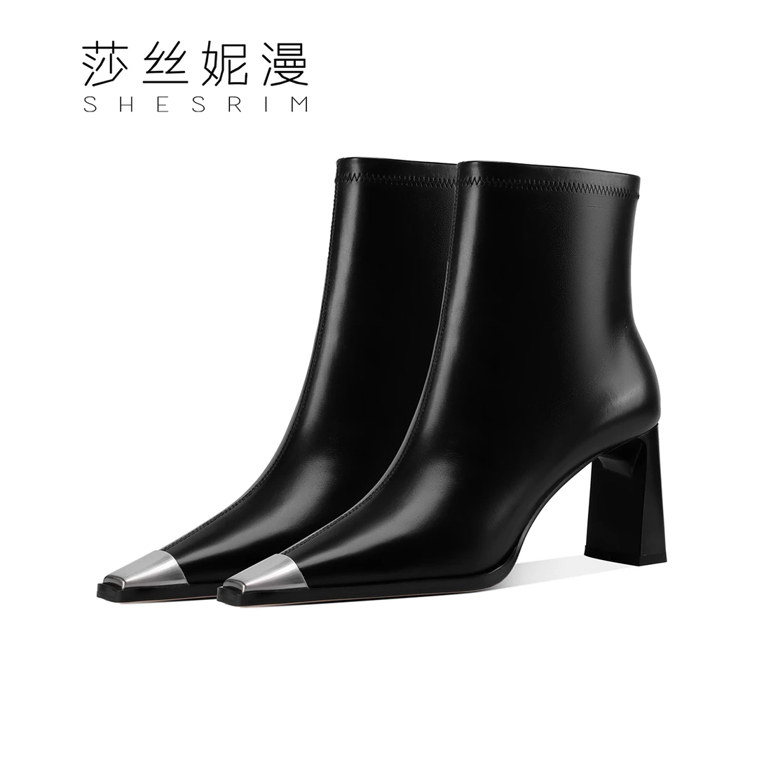 Q52-高跟短靴女冬新款时尚百搭方头黑色女靴子气短筒绒里靴子粗跟