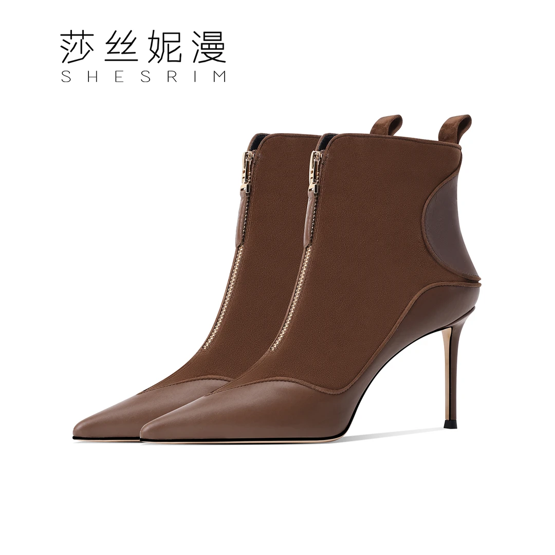 时装靴真皮尖头靴子黑色气质短靴女细跟2024冬季新款靴秋冬加绒