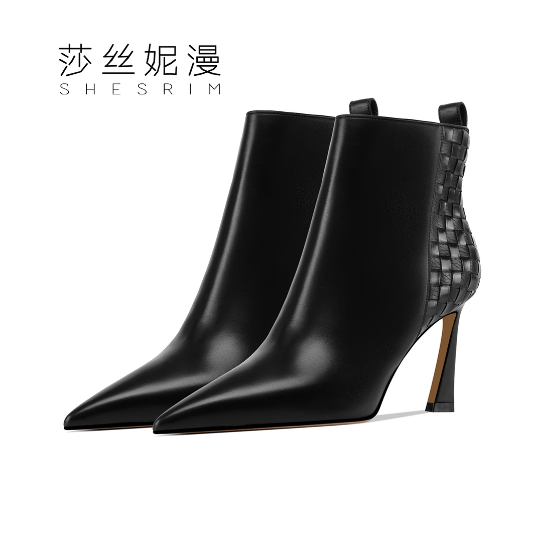 真皮短筒靴子女冬季2023新款尖头编织细跟加绒女短靴百搭高跟