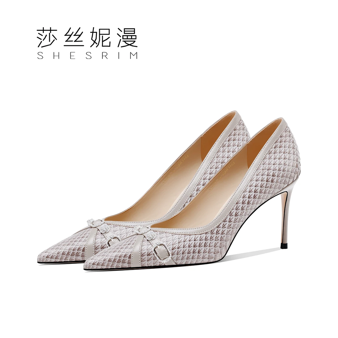 秋季新款真皮女鞋时尚高跟鞋尖头真皮单鞋简约通勤浅口鞋细