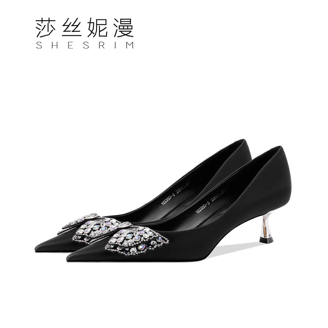 蝴蝶结满钻气质小单鞋浅口低跟春夏女款跟高4.5cm性感黑真皮