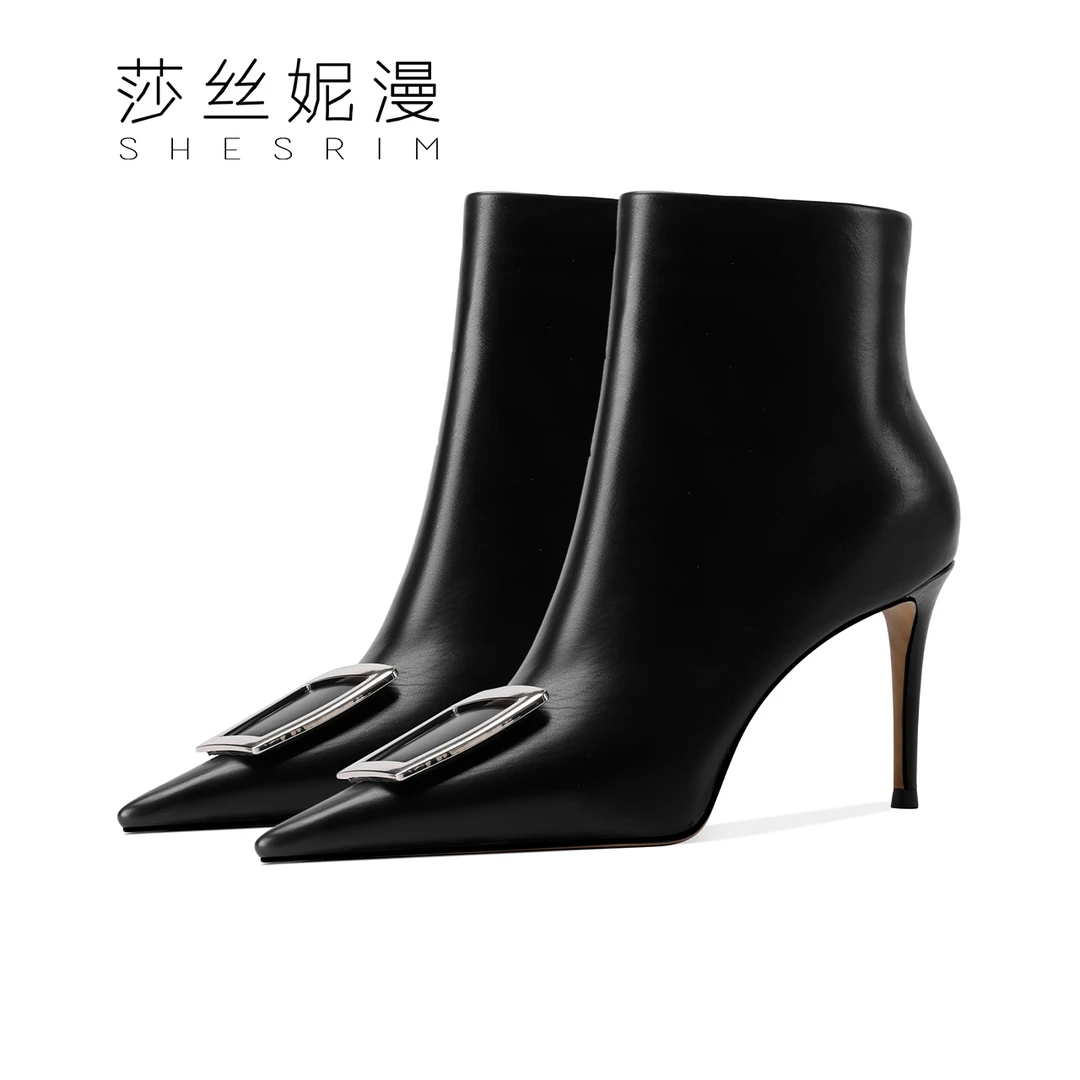 Q140-新款方扣短靴内里加绒气质时装靴尖头细跟真皮跟高8cm女