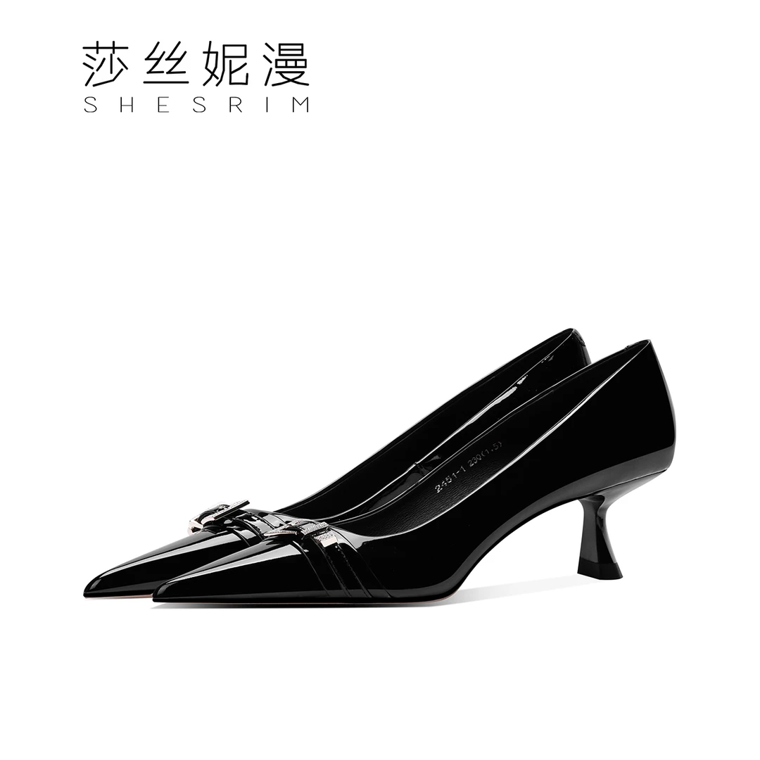 【黑牡丹】高跟鞋女细跟2024年夏季新款尖头漆皮黑色通勤百搭