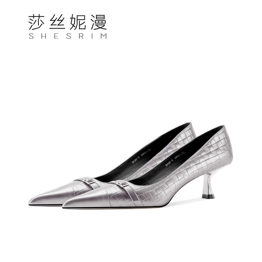 新款低跟气质单鞋春浅口低跟轻奢跟高4.5cm气质古铜金属色系