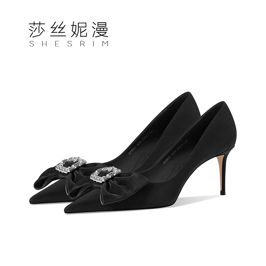 春季新款真皮女鞋时尚高跟鞋尖头丝绸牛皮单鞋简约通勤浅口鞋