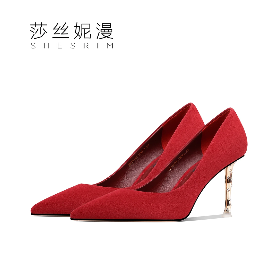 法式尖头拼接单鞋2024春秋新款复古磨砂高跟女鞋浅口