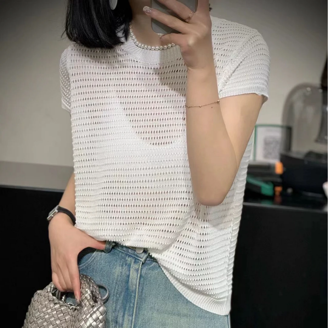 醋酸短袖女夏小众设计立体镂空带亮丝暗闪宽松慵懒针织上衣无袖