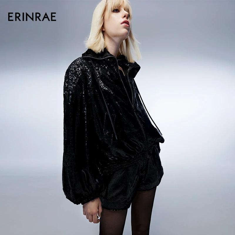 ERINRAE 春秋黑色连帽金葱外套时尚休闲上衣EF344021PL20