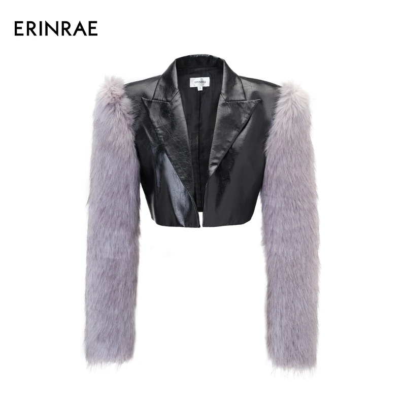 ERINRAE秋冬款时尚短款毛袖拼接女装黑色皮衣外套EE4P1159PU20