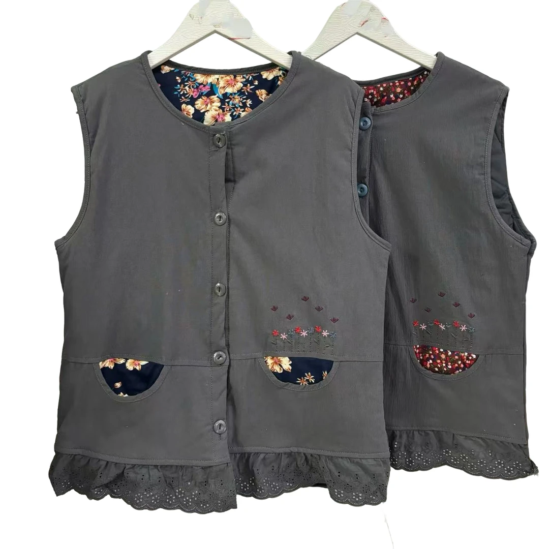 7596-韩单（浅灰）（口袋颜色不同）水洗棉花边夹棉马夹