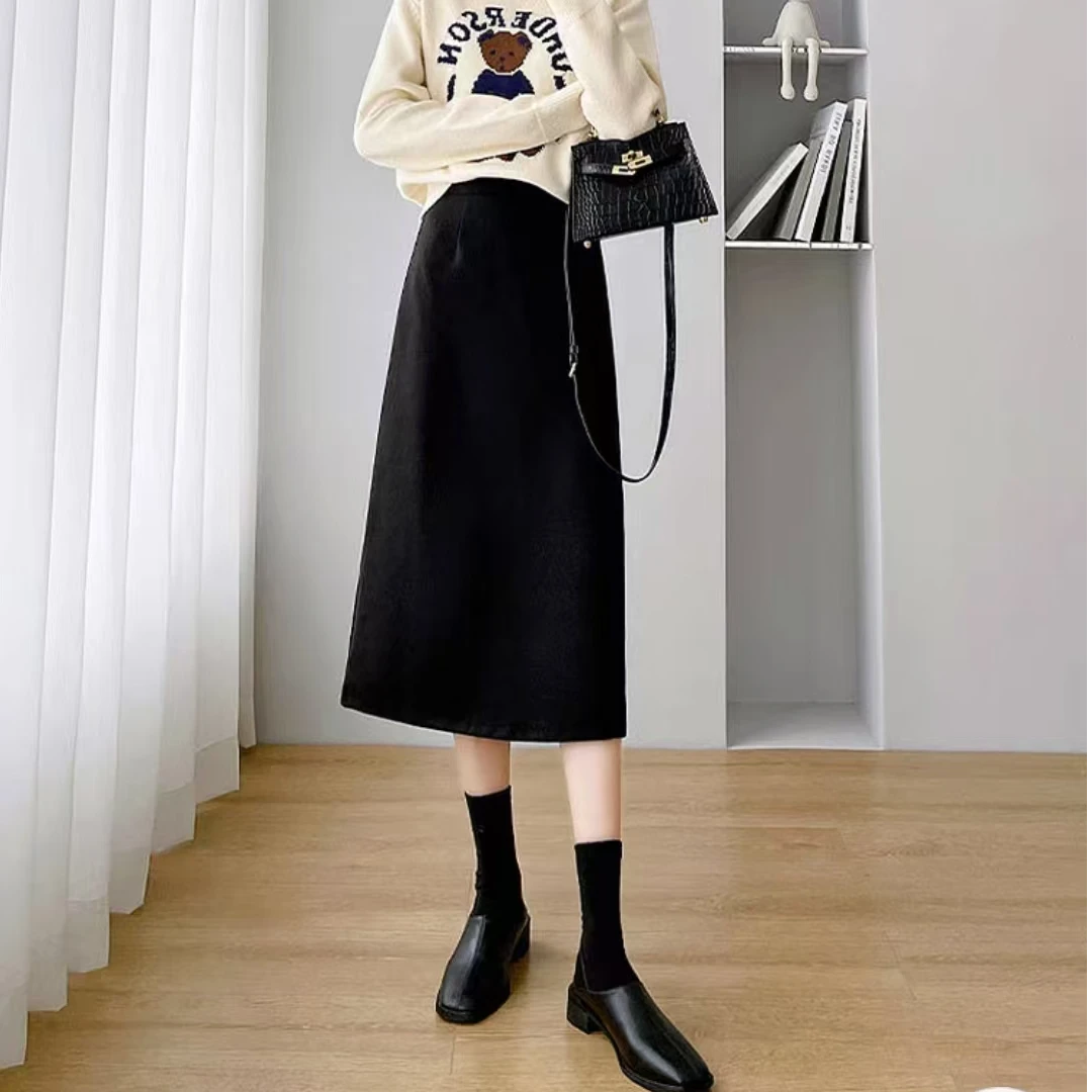 7613-美人（黑色）A字版毛呢半身裙