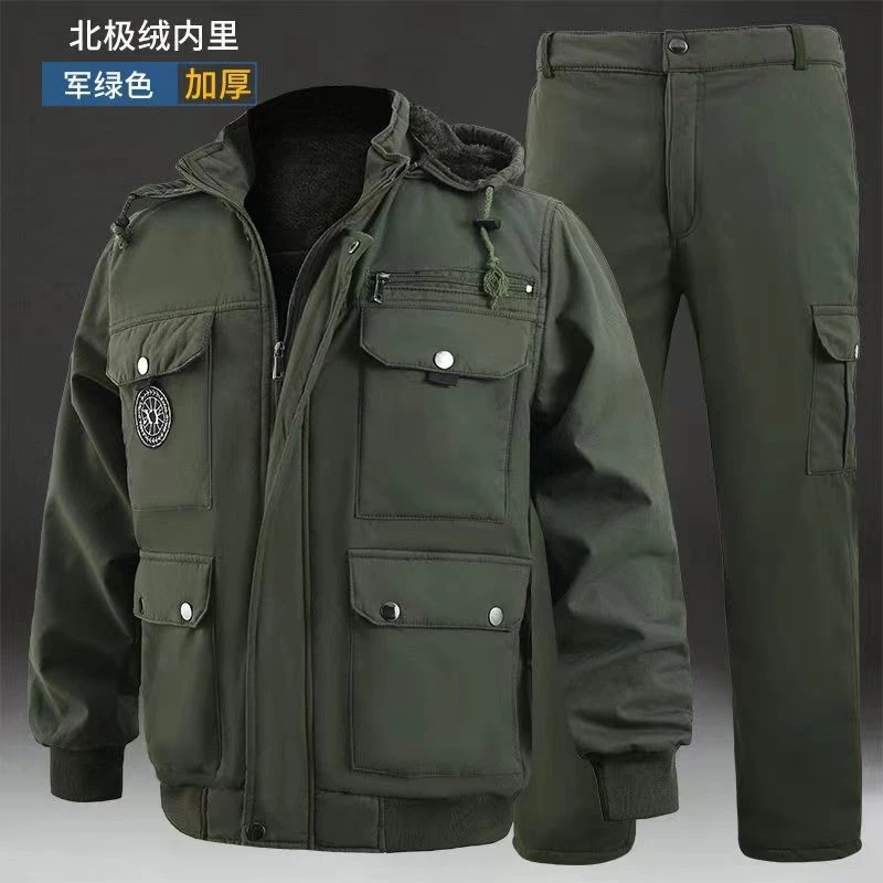 808款斜纹棉加绒耐磨套装军绿色保暖冬季立领工装工作电工