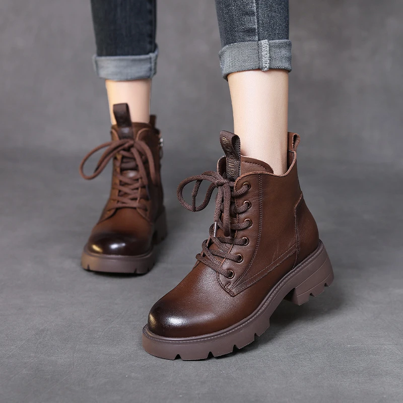 头层牛皮中跟短靴软皮软底马丁靴时尚百搭秋季新款复古英伦风女靴